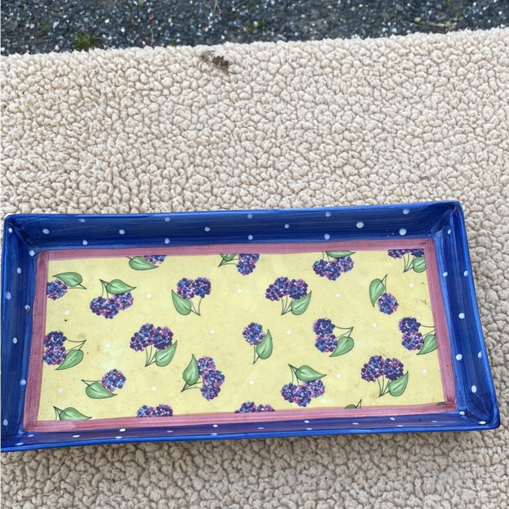 Floral Rectangular Tray with Blue Border